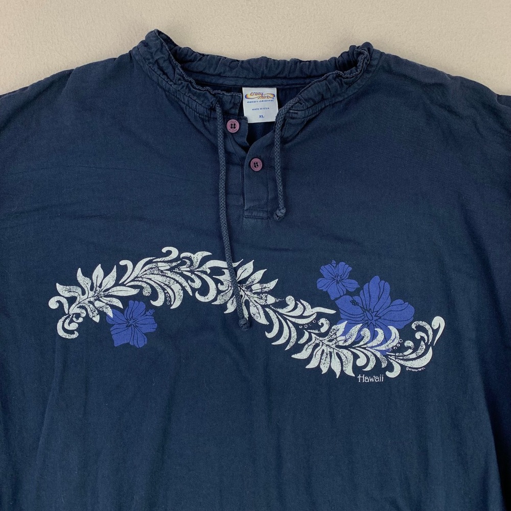 Vintage Crazy Shirts Mens XL Blue‎ Henley Surf Tee Floral Long Sleeve Cotton USA